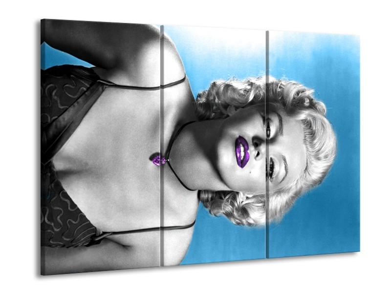 Glasschilderij Marilyn Monroe | Blauw, Grijs, Paars | 60x90cm 3Luik