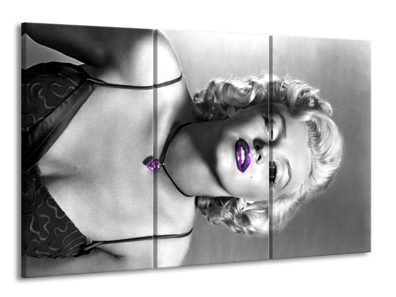 Glasschilderij Marilyn Monroe | Grijs, Paars, Zwart | 165x100cm 3Luik