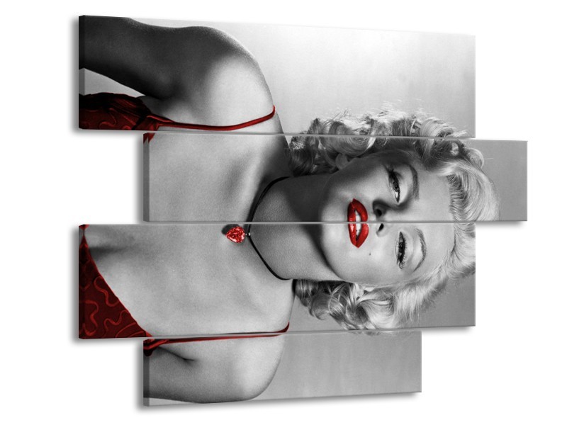 Canvas Schilderij Marilyn Monroe | Grijs, Zwart, Rood | 115x85cm 4Luik