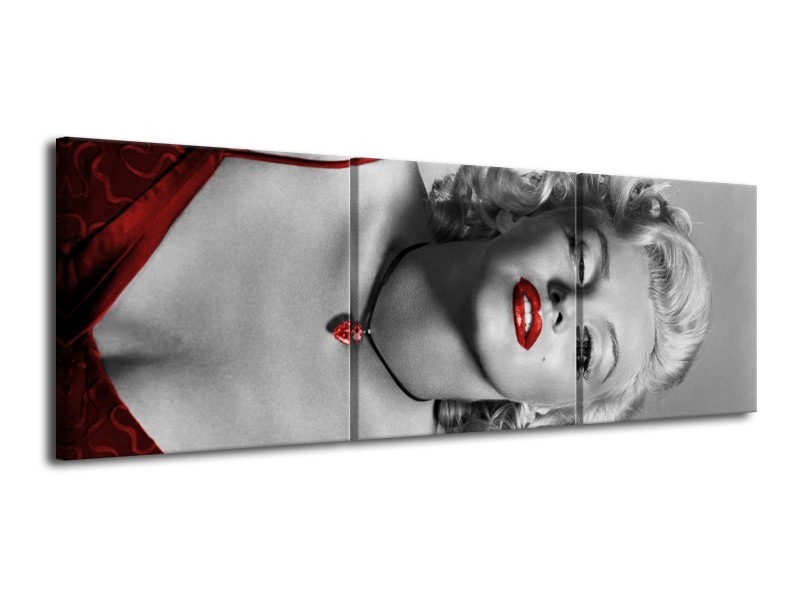 Canvas Schilderij Marilyn Monroe | Grijs, Zwart, Rood | 120x40cm 3Luik