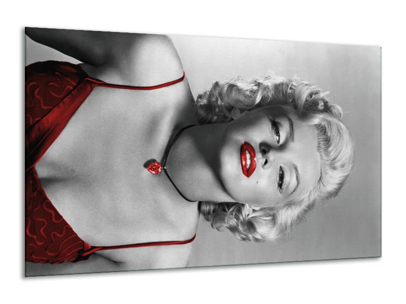 Glasschilderij Marilyn Monroe | Grijs, Zwart, Rood | 120x70cm 1Luik