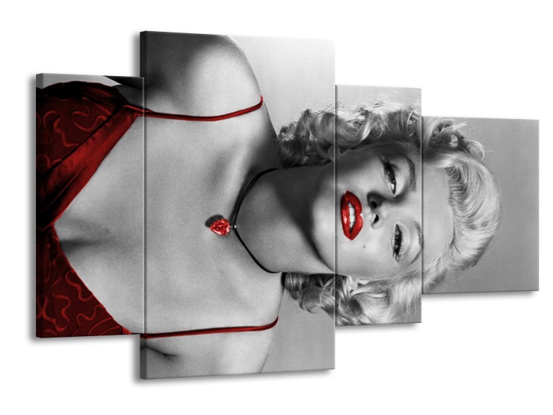 Glasschilderij Marilyn Monroe | Grijs, Zwart, Rood | 120x75cm 4Luik