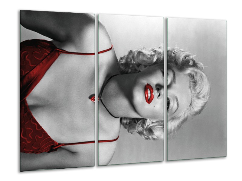 Canvas Schilderij Marilyn Monroe | Grijs, Zwart, Rood | 120x80cm 3Luik