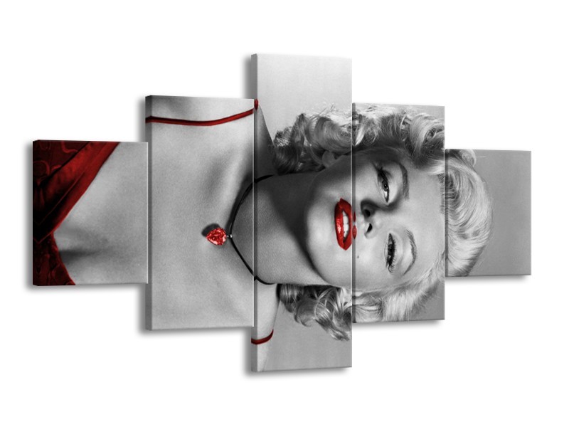 Glasschilderij Marilyn Monroe | Grijs, Zwart, Rood | 125x70cm 5Luik