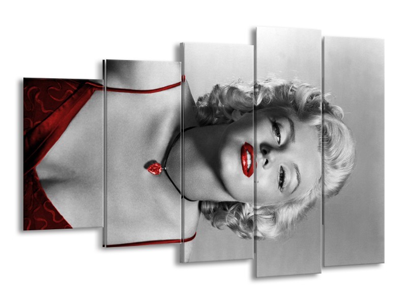 Canvas Schilderij Marilyn Monroe | Grijs, Zwart, Rood | 150x100cm 5Luik