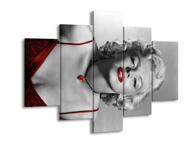 Glasschilderij Marilyn Monroe | Grijs, Zwart, Rood | 150x105cm 5Luik