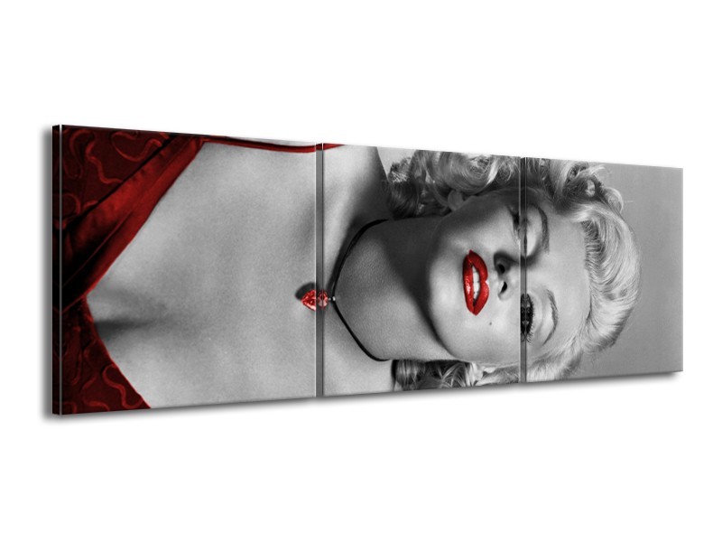 Canvas Schilderij Marilyn Monroe | Grijs, Zwart, Rood | 150x50cm 3Luik