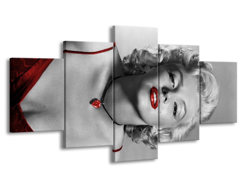 Canvas Schilderij Marilyn Monroe | Grijs, Zwart, Rood | 150x80cm 5Luik