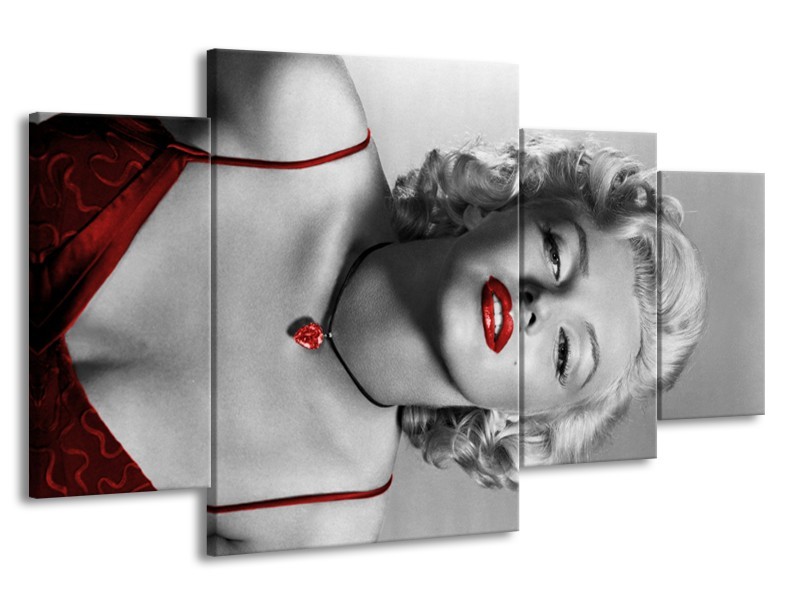 Canvas Schilderij Marilyn Monroe | Grijs, Zwart, Rood | 160x90cm 4Luik