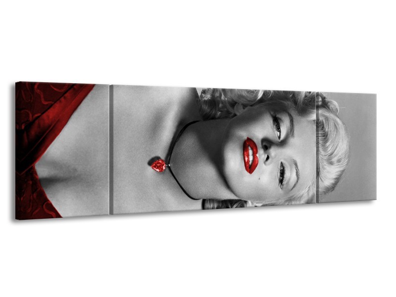 Canvas Schilderij Marilyn Monroe | Grijs, Zwart, Rood | 170x50cm 3Luik