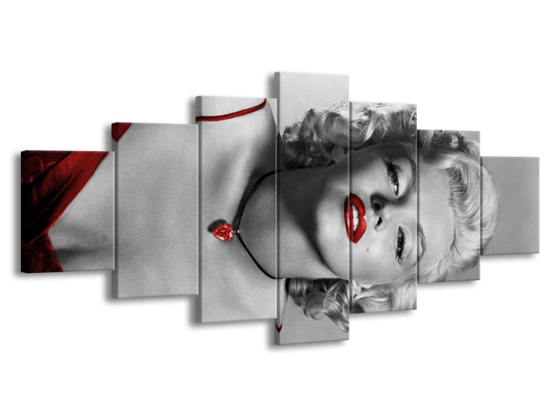 Canvas Schilderij Marilyn Monroe | Grijs, Zwart, Rood | 210x100cm 7Luik