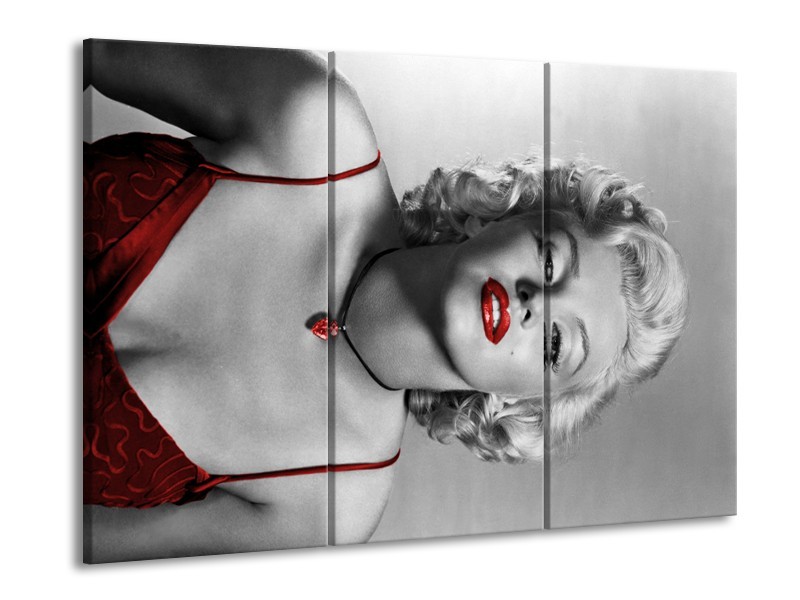 Glasschilderij Marilyn Monroe | Grijs, Zwart, Rood | 60x90cm 3Luik