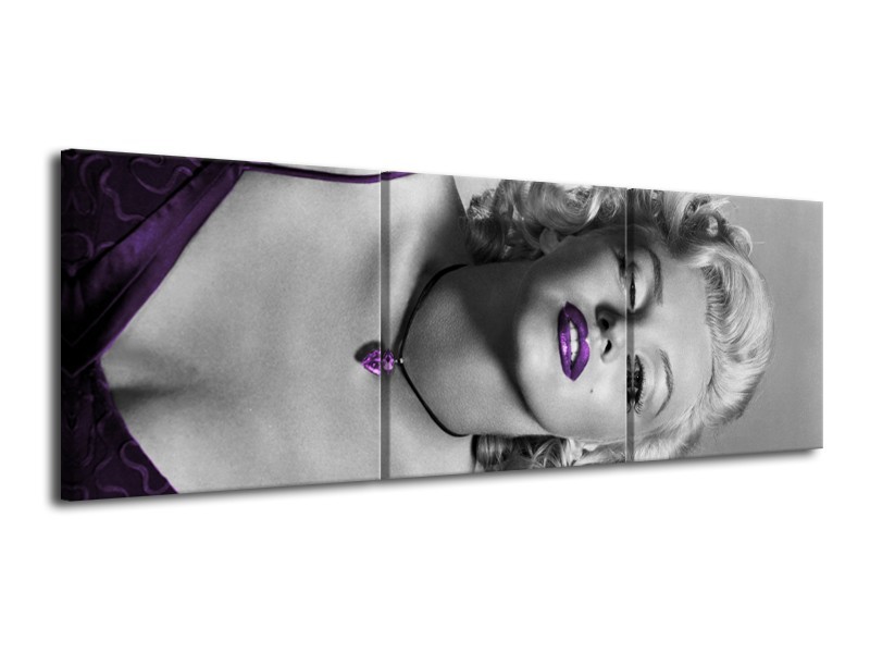 Canvas Schilderij Marilyn Monroe | Grijs, Zwart, Paars | 120x40cm 3Luik