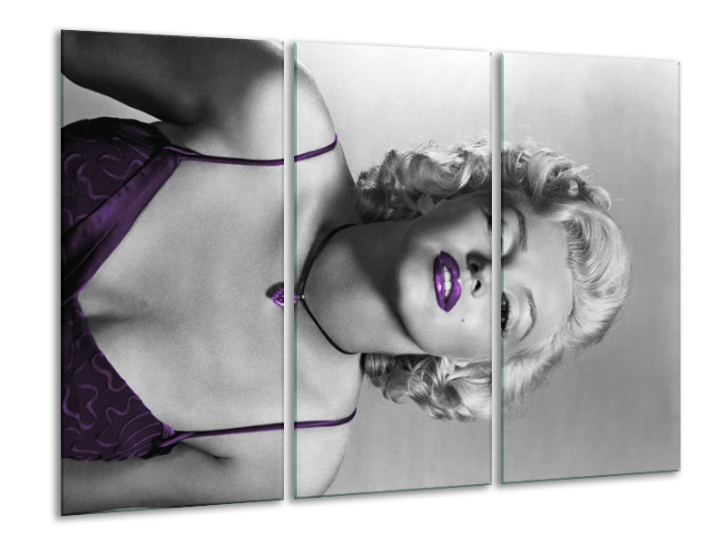 Glasschilderij Marilyn Monroe | Grijs, Zwart, Paars | 120x80cm 3Luik