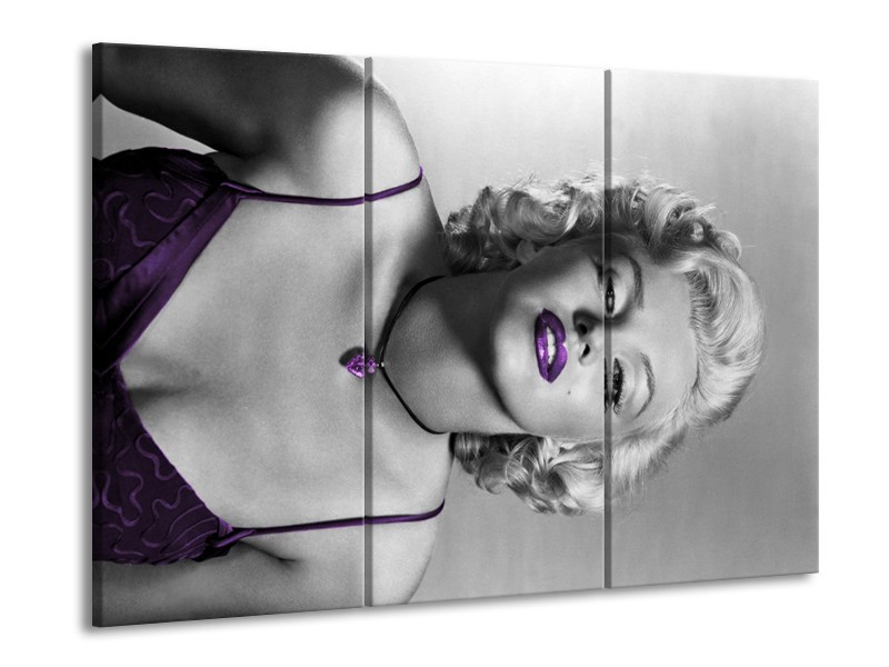 Canvas Schilderij Marilyn Monroe | Grijs, Zwart, Paars | 60x90cm 3Luik