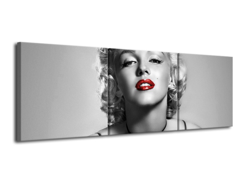 Glasschilderij Marilyn Monroe | Grijs, Zwart, Rood | 120x40cm 3Luik