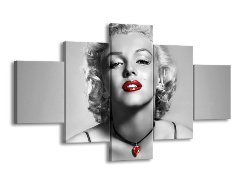 Canvas Schilderij Marilyn Monroe | Grijs, Zwart, Rood | 125x70cm 5Luik