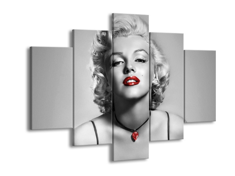 Glasschilderij Marilyn Monroe | Grijs, Zwart, Rood | 150x105cm 5Luik