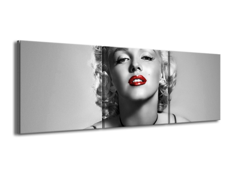 Glasschilderij Marilyn Monroe | Grijs, Zwart, Rood | 150x50cm 3Luik