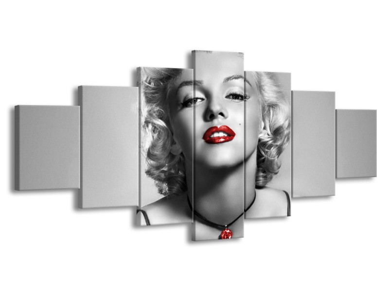 Canvas Schilderij Marilyn Monroe | Grijs, Zwart, Rood | 210x100cm 7Luik