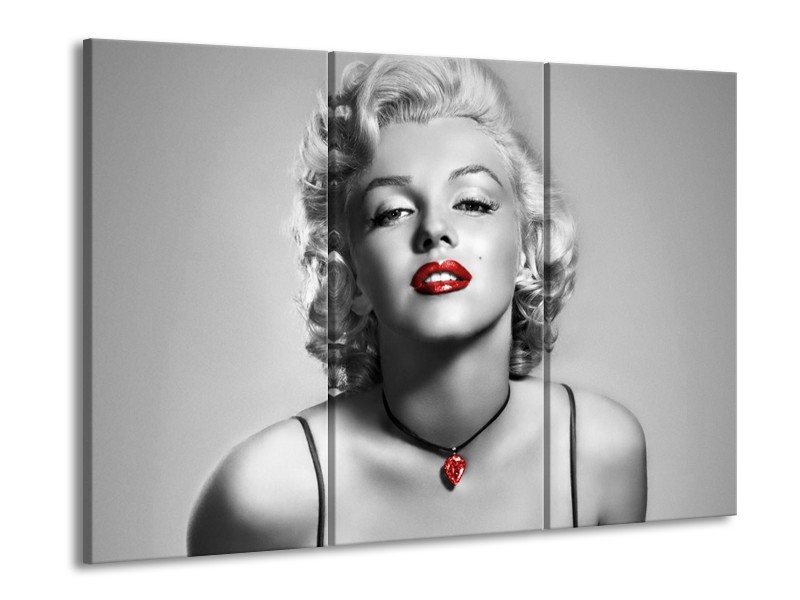 Glasschilderij Marilyn Monroe | Grijs, Zwart, Rood | 60x90cm 3Luik