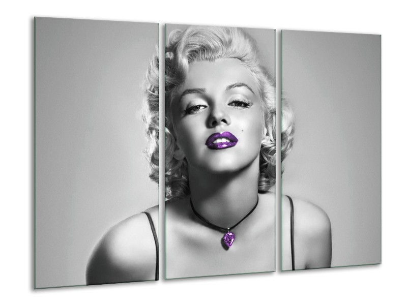 Glasschilderij Marilyn Monroe | Grijs, Zwart, Paars | 120x80cm 3Luik