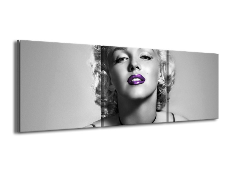 Glasschilderij Marilyn Monroe | Grijs, Zwart, Paars | 150x50cm 3Luik