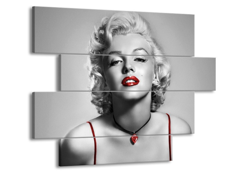 Canvas Schilderij Marilyn Monroe | Grijs, Rood, Zwart | 115x85cm 4Luik