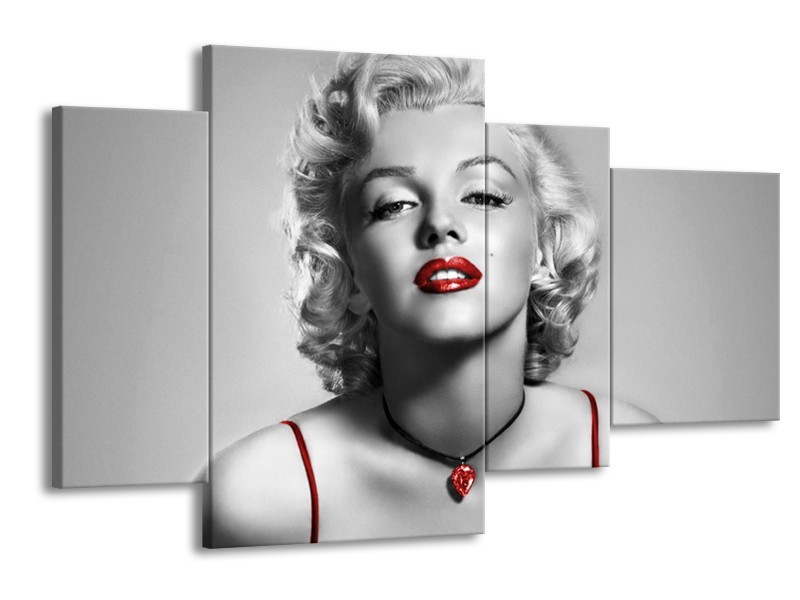 Canvas Schilderij Marilyn Monroe | Grijs, Rood, Zwart | 120x75cm 4Luik