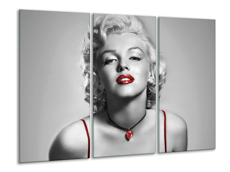 Glasschilderij Marilyn Monroe | Grijs, Rood, Zwart | 120x80cm 3Luik