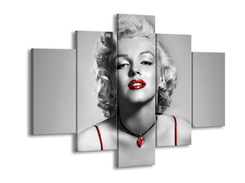 Glasschilderij Marilyn Monroe | Grijs, Rood, Zwart | 150x105cm 5Luik