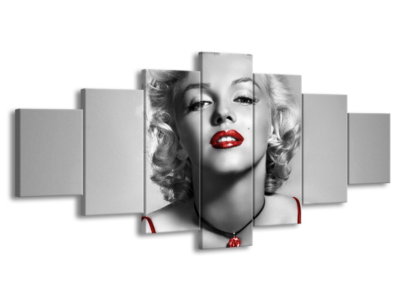 Canvas Schilderij Marilyn Monroe | Grijs, Rood, Zwart | 210x100cm 7Luik
