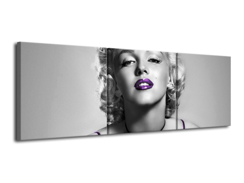 Canvas Schilderij Marilyn Monroe | Grijs, Paars, Zwart | 120x40cm 3Luik