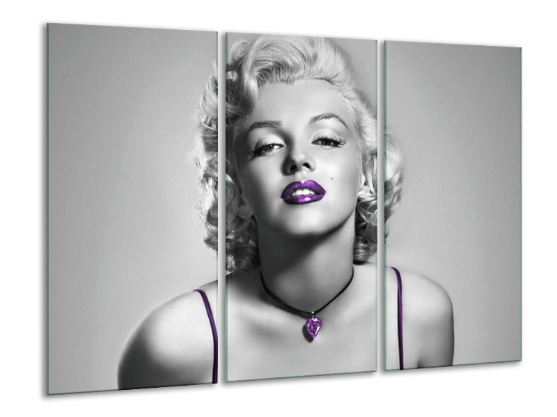 Glasschilderij Marilyn Monroe | Grijs, Paars, Zwart | 120x80cm 3Luik