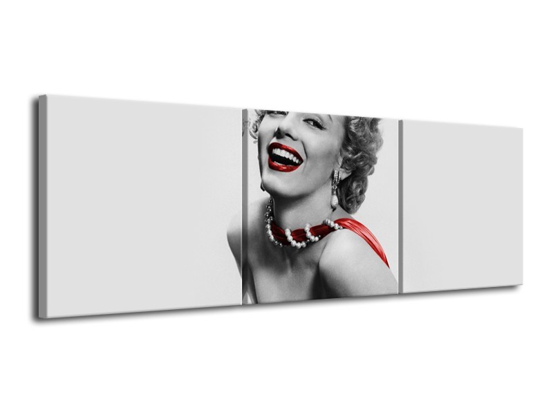 Glasschilderij Marilyn Monroe | Grijs, Rood, Zwart | 120x40cm 3Luik