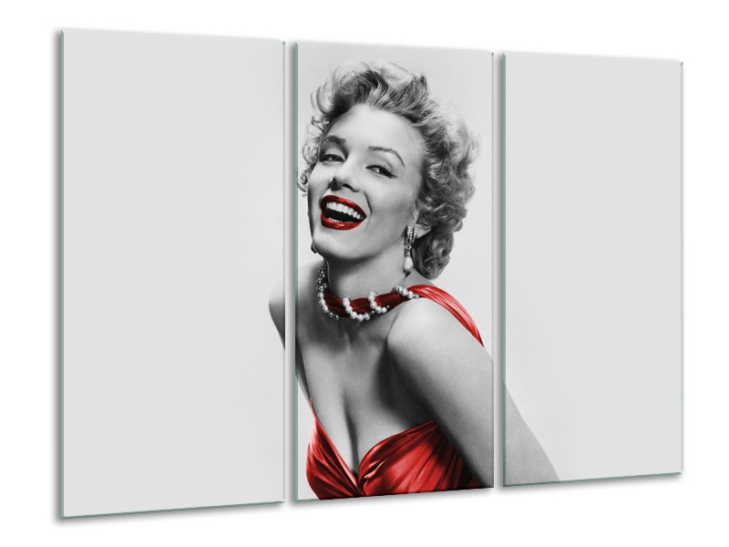 Glasschilderij Marilyn Monroe | Grijs, Rood, Zwart | 120x80cm 3Luik