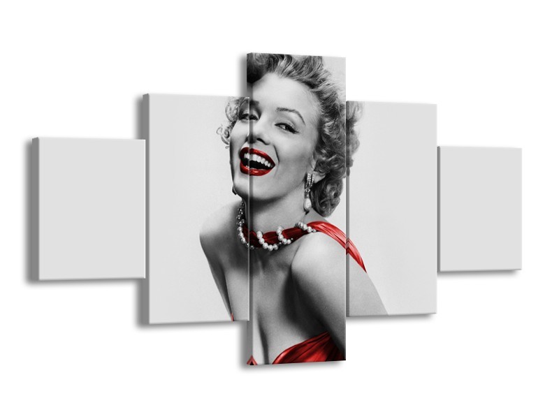 Canvas Schilderij Marilyn Monroe | Grijs, Rood, Zwart | 125x70cm 5Luik