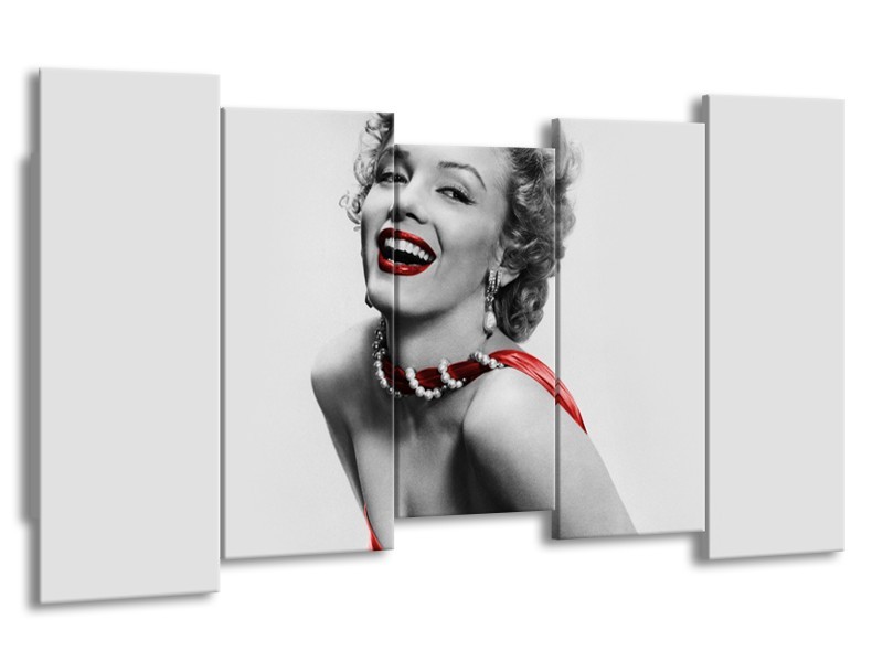 Canvas Schilderij Marilyn Monroe | Grijs, Rood, Zwart | 150x80cm 5Luik