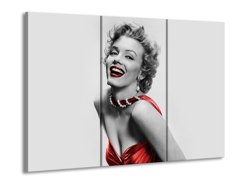 Canvas Schilderij Marilyn Monroe | Grijs, Rood, Zwart | 60x90cm 3Luik