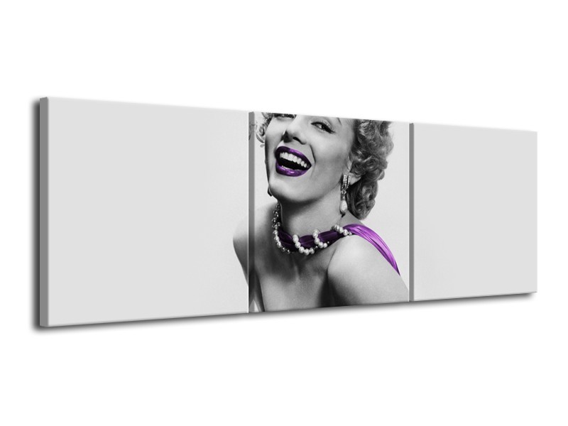 Glasschilderij Marilyn Monroe | Grijs, Paars, Zwart | 120x40cm 3Luik