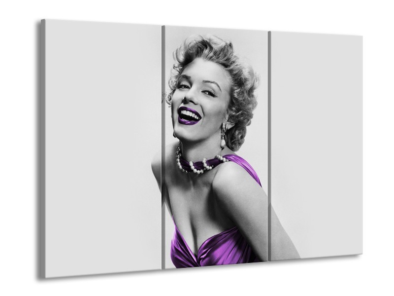 Canvas Schilderij Marilyn Monroe | Grijs, Paars, Zwart | 60x90cm 3Luik