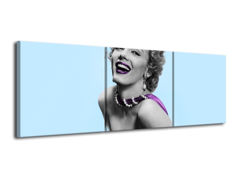 Canvas Schilderij Marilyn Monroe | Blauw, Paars, Grijs | 120x40cm 3Luik