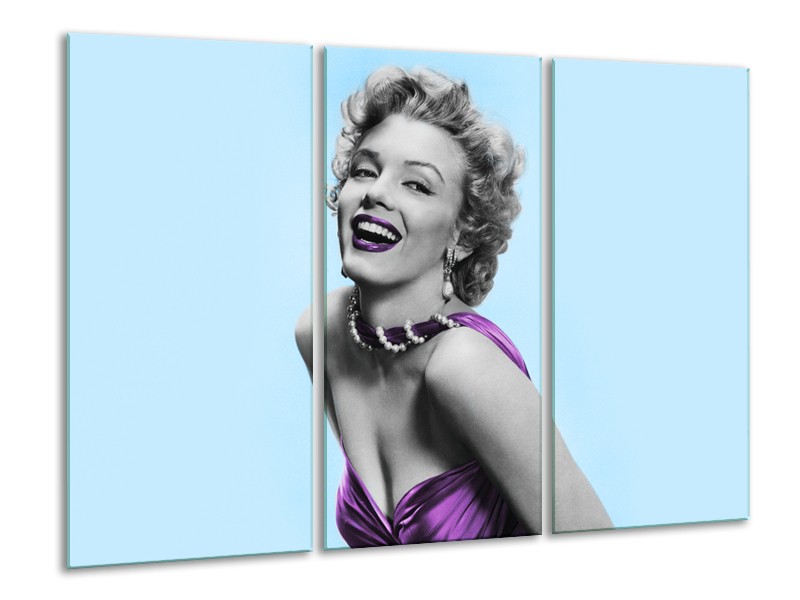 Glasschilderij Marilyn Monroe | Blauw, Paars, Grijs | 120x80cm 3Luik