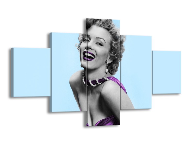 Canvas Schilderij Marilyn Monroe | Blauw, Paars, Grijs | 125x70cm 5Luik