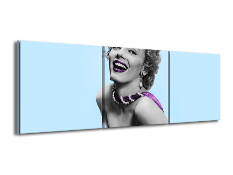 Canvas Schilderij Marilyn Monroe | Blauw, Paars, Grijs | 150x50cm 3Luik