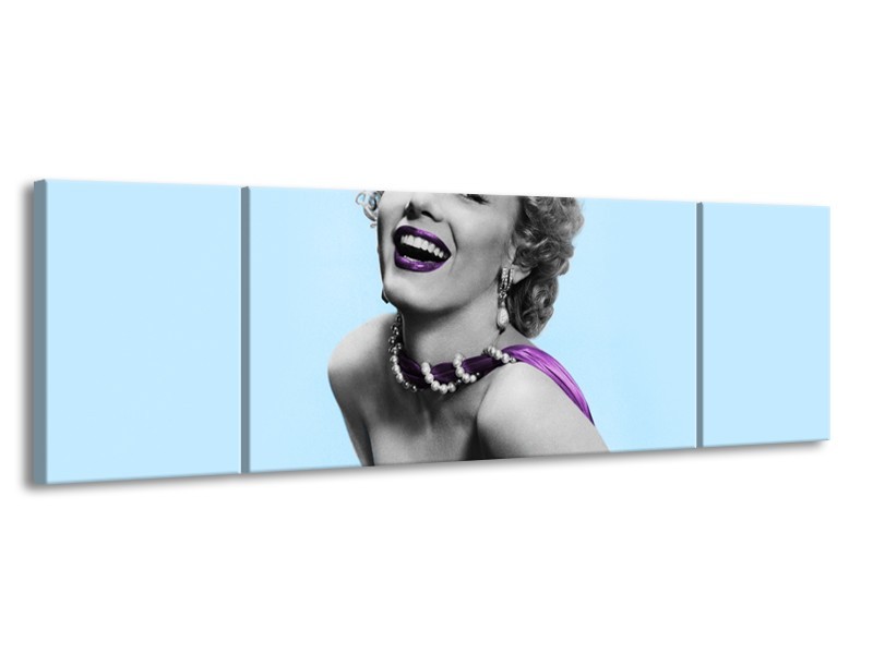 Glasschilderij Marilyn Monroe | Blauw, Paars, Grijs | 170x50cm 3Luik