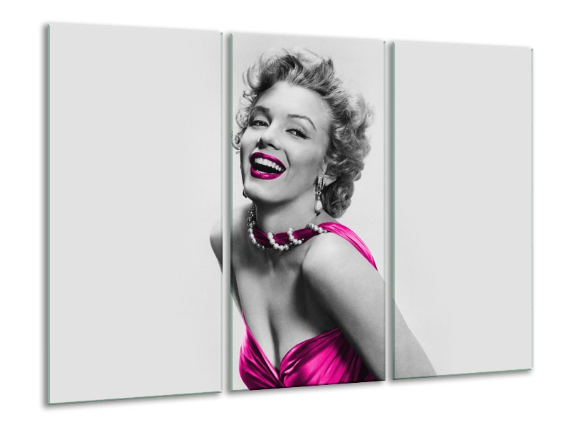 Canvas Schilderij Marilyn Monroe | Grijs, Roze, Zwart | 120x80cm 3Luik