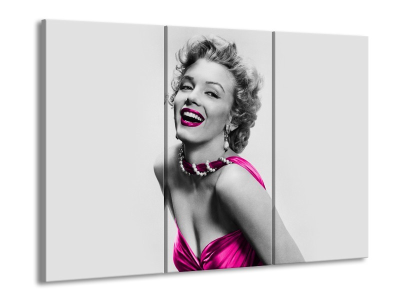 Canvas Schilderij Marilyn Monroe | Grijs, Roze, Zwart | 60x90cm 3Luik