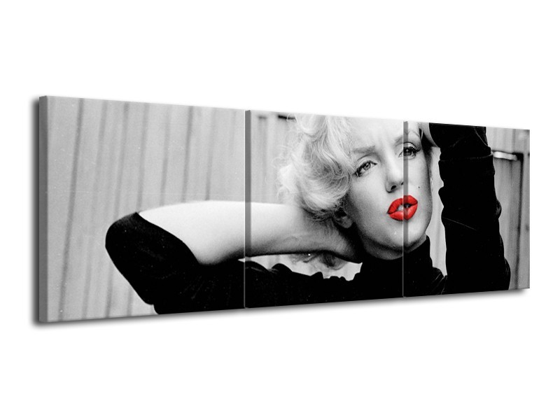 Canvas Schilderij Marilyn Monroe | Grijs, Zwart, Rood | 120x40cm 3Luik