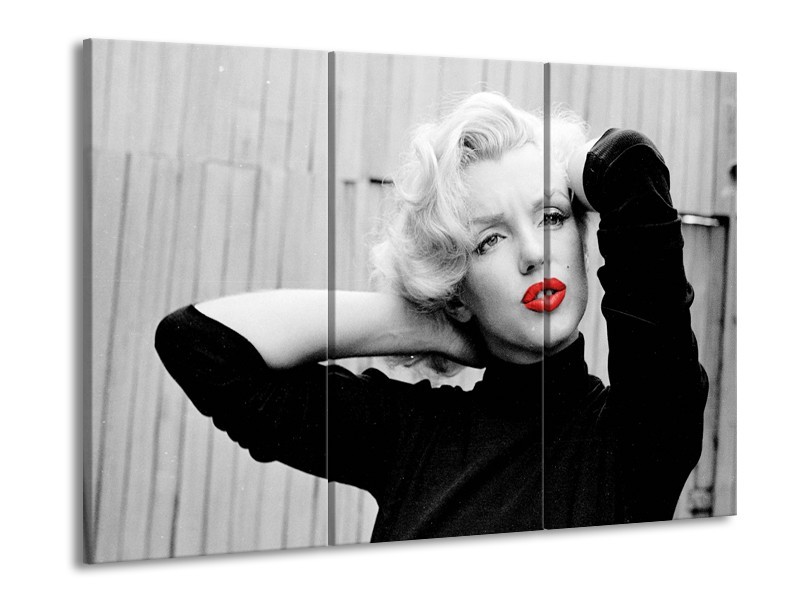 Canvas Schilderij Marilyn Monroe | Grijs, Zwart, Rood | 60x90cm 3Luik